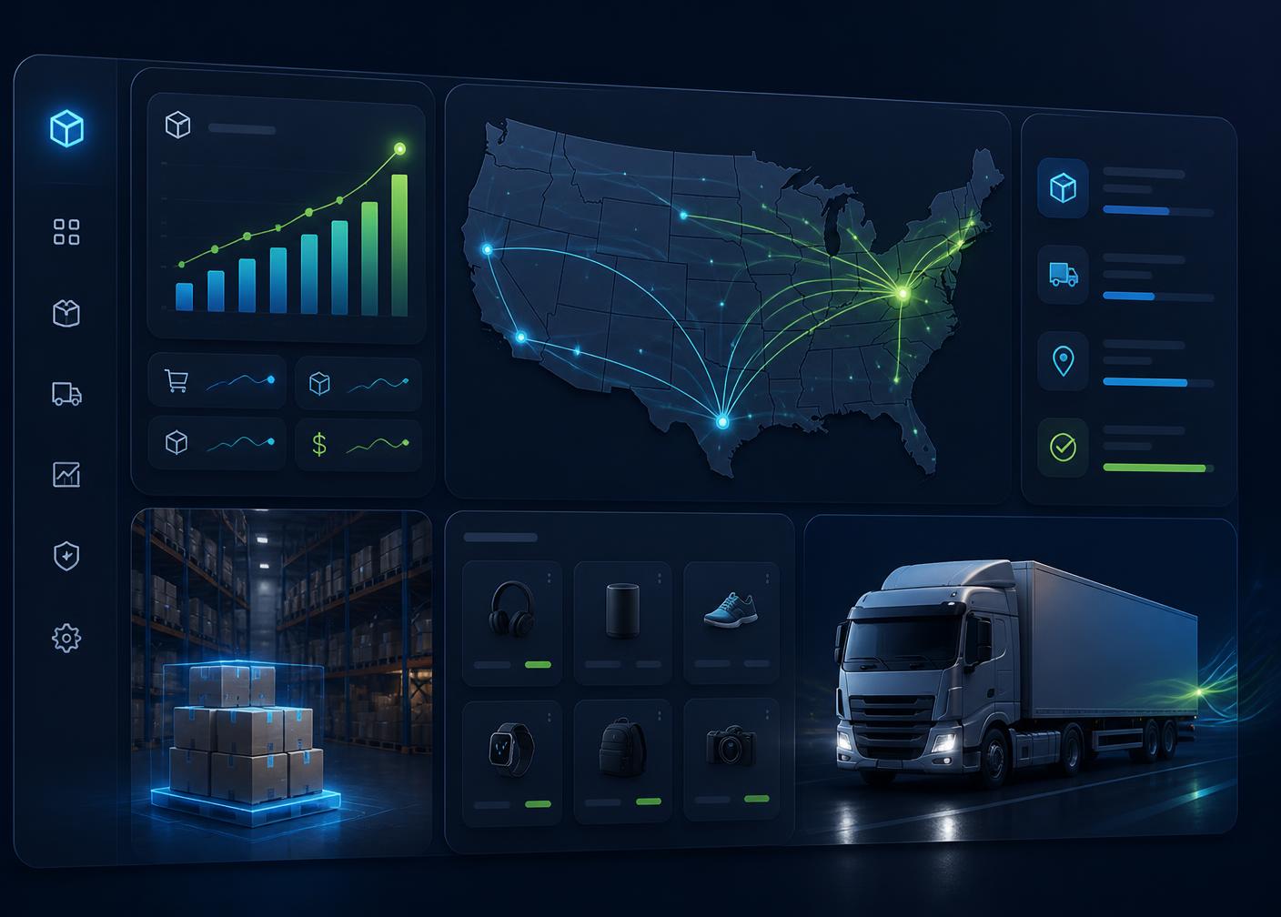 Hasan Shop warehouse dashboard showing US shipping routes, live order analytics, and same-day fulfillment